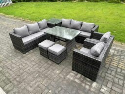 Rackhams 10 Seater Wicker PE Rattan Outdoor Furniture Lounge Sofa Garden Dining Set with Dining Table Side Table Armchairs 2 Stools Dark Grey Mixed - thumbnail 1