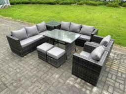 Rackhams 10 Seater Wicker PE Rattan Outdoor Furniture Lounge Sofa Garden Dining Set with Dining Table Side Table Armchairs 2 Stools Dark Grey Mixed - thumbnail 2