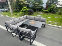 Rackhams Aluminum Outdoor Garden Furniture Corner Sofa 2 PC Chairs Gas Fire Pit Dining Table Sets Gas Heater Burner Dark Grey 9 Seater