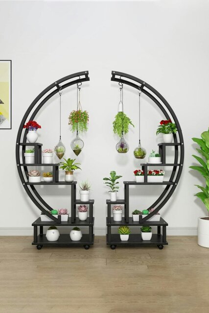 Rackhams 2pcs Half-Moon-Shaped Stand Display Shelf Plant Stand Bookshelf with Wheels - Black - image 1