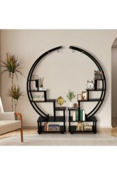 Rackhams 2pcs Half-Moon-Shaped Stand Display Shelf Plant Stand Bookshelf with Wheels - Black - thumbnail 3