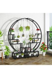 Rackhams 2pcs Half-Moon-Shaped Stand Display Shelf Plant Stand Bookshelf with Wheels - Black - thumbnail 2