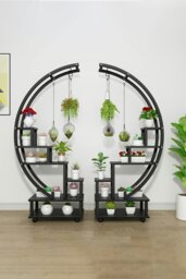 Rackhams 2pcs Half-Moon-Shaped Stand Display Shelf Plant Stand Bookshelf with Wheels - Black - thumbnail 1