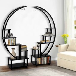 Rackhams 2pcs Half-Moon-Shaped Stand Display Shelf Plant Stand Bookshelf with Wheels - Black - thumbnail 4