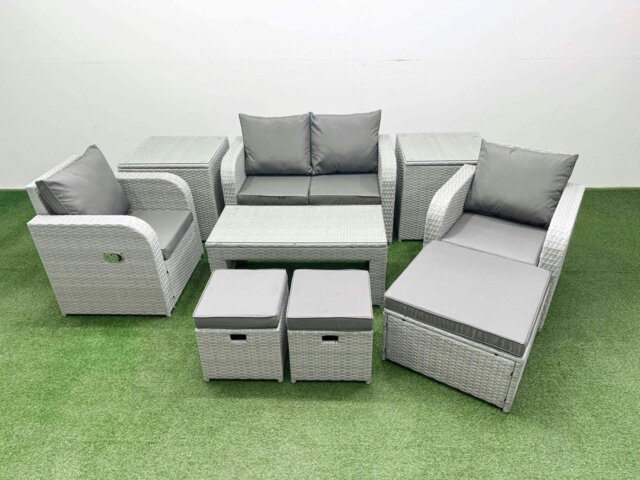 Rackhams Light Grey PE Wicker Rattan Garden Furniture Set Sofa Set Reclining Adjustable Chair Oblong Coffee Table 7 Seater 3  Stools 2 Side Table - image 1