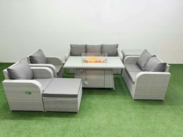 Rackhams Rattan Garden Furniture Set Reclining Chair Sofa Double Love Seat 2 Seater Sofa Fire Pit Dining Table Big Footstool Side Table Light Grey - image 1