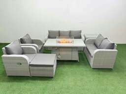 Rackhams Rattan Garden Furniture Set Reclining Chair Sofa Double Love Seat 2 Seater Sofa Fire Pit Dining Table Big Footstool Side Table Light Grey - thumbnail 1