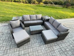 Rackhams 9 Seater Dark Grey Mixed Rattan Outdoor Lounge Set - Rectangular Coffee Table, 3-Seater Sofa, 2 Big Footstools & 2 Side Tables - thumbnail 2