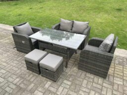Rackhams Dark Grey PE Wicker Rattan Garden Furniture Set Love Sofa Reclining Chair Outdoor Rectangular Dining Table Stools 6 Seater - thumbnail 1