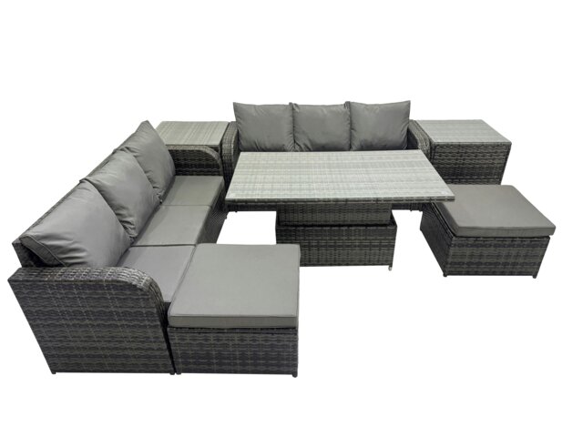 Rackhams Rattan Garden Furniture Dining Set 8 seater Patio Height Adjustable Rising Table Sofa Set with 2 Side Table 2 Big Footstool Dark Grey Mixed - image 1