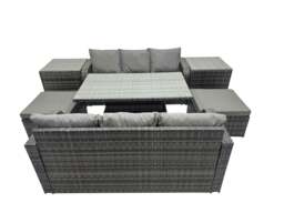 Rackhams Rattan Garden Furniture Dining Set 8 seater Patio Height Adjustable Rising Table Sofa Set with 2 Side Table 2 Big Footstool Dark Grey Mixed - thumbnail 2