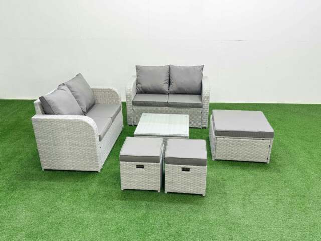 Rackhams 7 Seater Outdoor Love Sofa Set Rattan Garden Furniture Set with Square Coffee Table 3 Footstool Light Grey - image 1