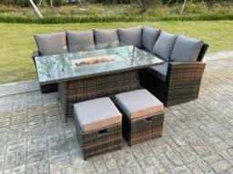 Rackhams High Back Rattan Garden Furniture Sets Gas Fire Pit Dining Table Set Gas Heater Right Corner Sofa Small Footstools 8 Seater - thumbnail 1