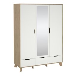 Rackhams Ikast Wardrobe 3 Doors and 2 Drawers with Mirror in Jackson Hickory and White - White - Malemine - 1 - thumbnail 1
