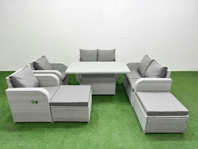 Rackhams 8 Seater Rattan Garden Furniture Set - Light Grey with Reclining Chair, Loveseat & Adjustable Lifting Dining/Coffee Table & 2 Footstools - image 1