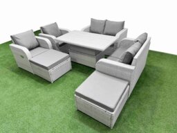 Rackhams 8 Seater Rattan Garden Furniture Set - Light Grey with Reclining Chair, Loveseat & Adjustable Lifting Dining/Coffee Table & 2 Footstools - thumbnail 2