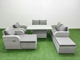 Rackhams 8 Seater Rattan Garden Furniture Set - Light Grey with Reclining Chair, Loveseat & Adjustable Lifting Dining/Coffee Table & 2 Footstools