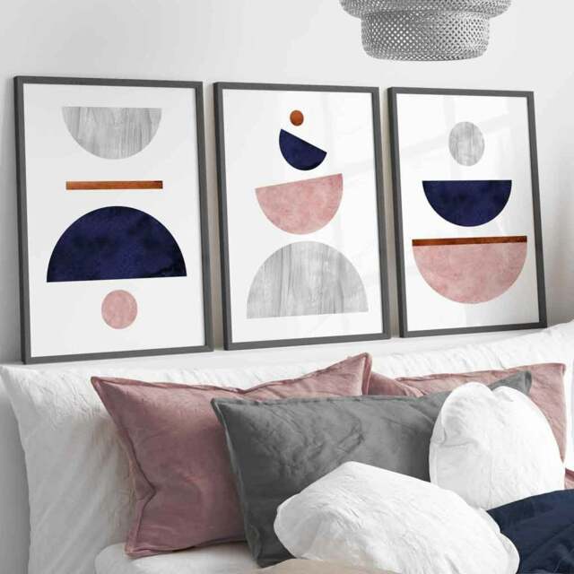 Rackhams Navy Blue, Blush & Copper Textured Geometric Framed Wall Art - 50x70cm - Dark Grey - image 1