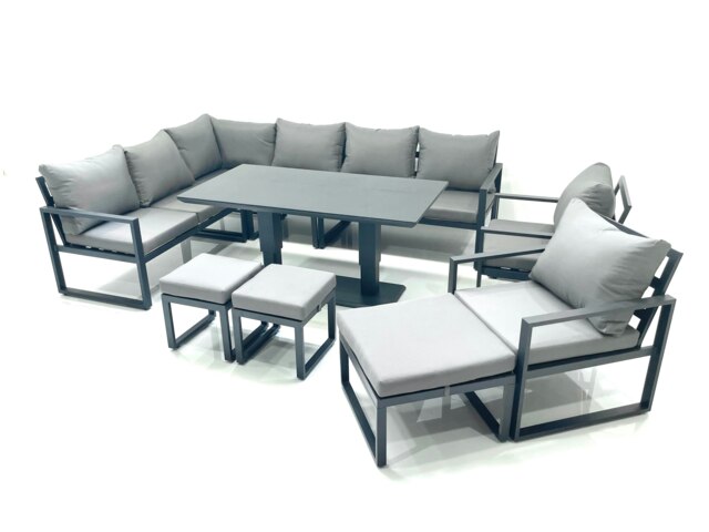 Rackhams Aluminium Outdoor Garden Furniture Set Corner Sofa 2 Chair 3 Footstools Adjustable Rising Lifting Dining Table Sets Dark Grey