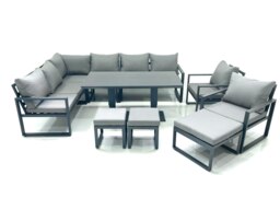 Rackhams Aluminium Outdoor Garden Furniture Set Corner Sofa 2 Chair 3 Footstools Adjustable Rising Lifting Dining Table Sets Dark Grey - thumbnail 2