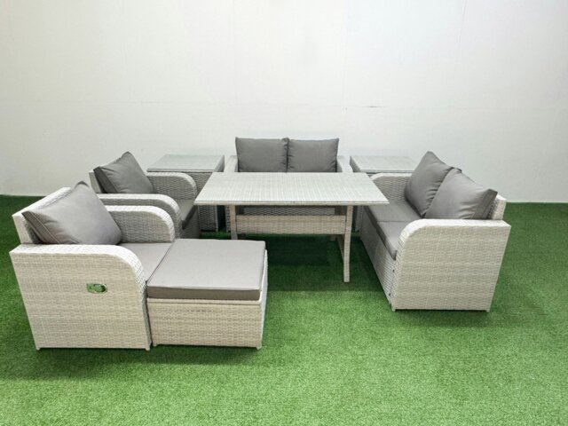 Rackhams 7 Seater Outdoor Reclining Chair Love Sofa Set Rattan Garden Furniture Set with Rectangular Dining Table Footstool 2 Side Tables Light Grey - image 1