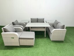 Rackhams 7 Seater Outdoor Reclining Chair Love Sofa Set Rattan Garden Furniture Set with Rectangular Dining Table Footstool 2 Side Tables Light Grey - thumbnail 1