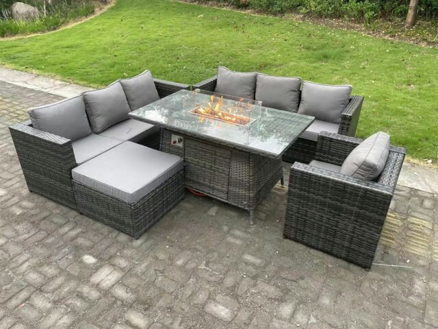 Rackhams Outdoor Rattan Garden Furniture Sofa Set Gas Fire Pit Dining Table Gas Heater Burner With Armchair Big Footstool 8 Seater Dark Grey Mixed - image 1