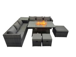 Rackhams 9 Seater Garden Outdoor Rattan Furniture Set Patio Corner Sofa Gas Fire Pit Dining Table with Side Table 3 Stools Dark Grey - thumbnail 1