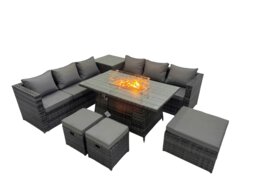 Rackhams 9 Seater Garden Outdoor Rattan Furniture Set Patio Corner Sofa Gas Fire Pit Dining Table with Side Table 3 Stools Dark Grey - thumbnail 2