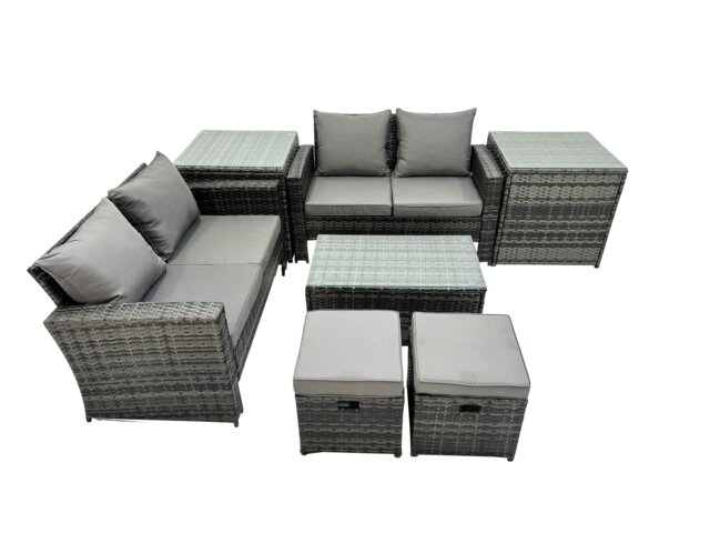 Rackhams PE Rattan Garden Furniture Set Lounge Double Seat Sofa Coffee Table Set with 2 Small Stools Dark Grey MixedMixed - image 1