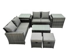 Rackhams PE Rattan Garden Furniture Set Lounge Double Seat Sofa Coffee Table Set with 2 Small Stools Dark Grey MixedMixed - thumbnail 1