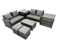 Rackhams PE Rattan Garden Furniture Set Lounge Double Seat Sofa Coffee Table Set with 2 Small Stools Dark Grey MixedMixed - thumbnail 2