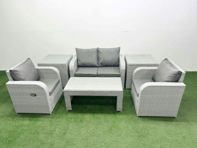 Rackhams Light Grey PE Wicker Rattan Garden Furniture Set Sofa Set Reclining Adjustable Chair Oblong Coffee Table 4 Seater With 2 Side Table - image 1