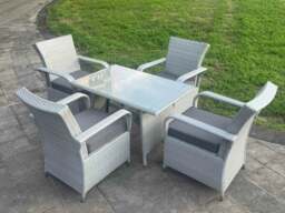 Rackhams Light Grey Rattan Rectangular Dining Table and 4 Chairs Set Outdoor Garden furniture Set with Seat Cushion
