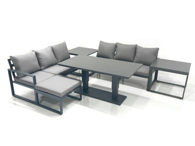 Rackhams 7 Seater Aluminium Outdoor Garden Furniture Set with Adjustable Rising Lifting Dining Table 3 Seater Sofa Big Footstool 2 Side Tables Dark Grey - image 1