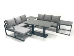 Rackhams 7 Seater Aluminium Outdoor Garden Furniture Set with Adjustable Rising Lifting Dining Table 3 Seater Sofa Big Footstool 2 Side Tables Dark Grey - thumbnail 2