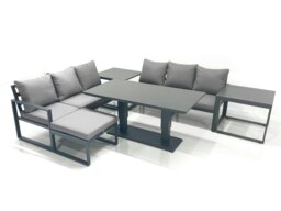 Rackhams 7 Seater Aluminium Outdoor Garden Furniture Set with Adjustable Rising Lifting Dining Table 3 Seater Sofa Big Footstool 2 Side Tables Dark Grey - thumbnail 1