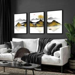 Rackhams Japandi wall art - set of 3 framed wall art - A2 16.54 x 23.39 in / 42 x 59.4 cm - Satin Photo paper 280 gsm - Black Frame