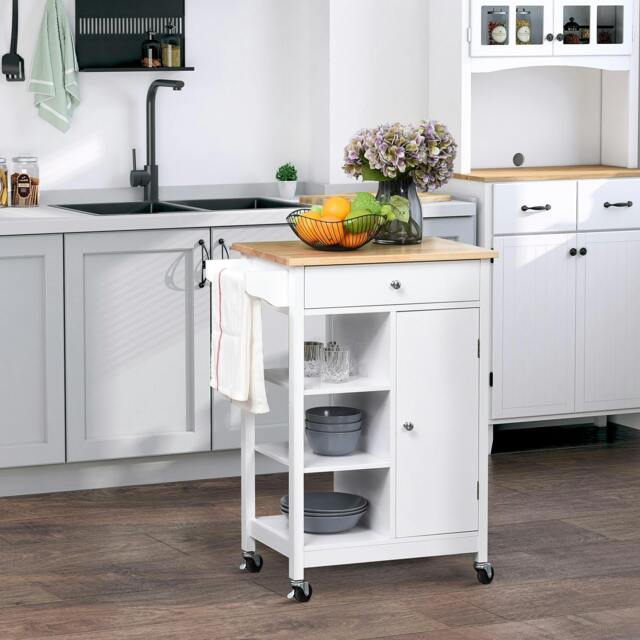 Rackhams Kitchen Storage Trolley Unit Wood Top Shelves Cupboard Drawer Rail White - image 1