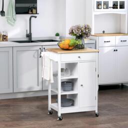 Rackhams Kitchen Storage Trolley Unit Wood Top Shelves Cupboard Drawer Rail White - thumbnail 1