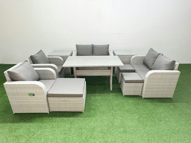 Rackhams 9 Seater Outdoor Reclining Chair Love Sofa Set Rattan Garden Furniture Set with Rectangular Dining Table 3 Stools 2 Side Table Light Grey - image 1