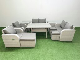 Rackhams 9 Seater Outdoor Reclining Chair Love Sofa Set Rattan Garden Furniture Set with Rectangular Dining Table 3 Stools 2 Side Table Light Grey - thumbnail 1