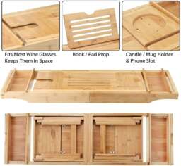 Rackhams Bathtub Tray Bath Caddy Breakfast Tray Natural Bamboo Wood 2 in 1 Bath Tub Tray - Bamboo - 1 - Brown - thumbnail 4