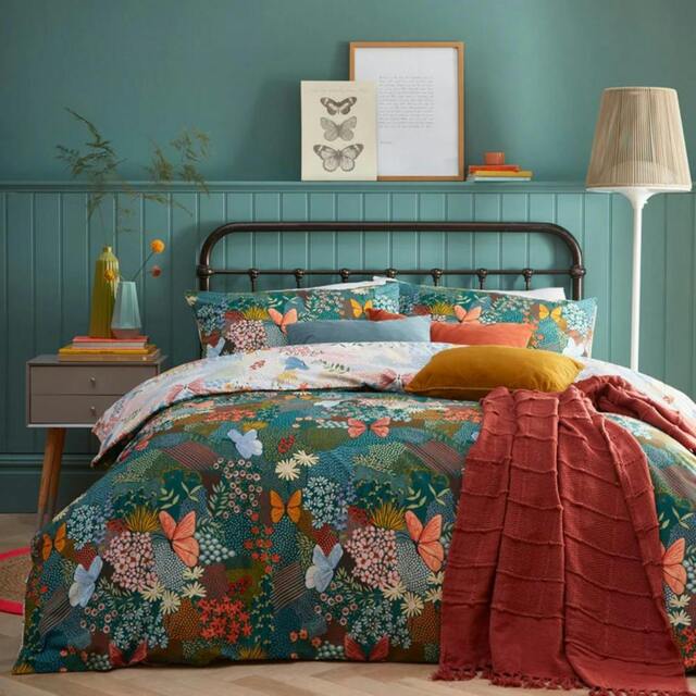 Rackhams Forage Floral Duvet Cover Set - Teal - Single - Teal - 50% Cotton/50% Polyester