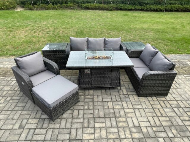 Rackhams Garden Patio Furniture Wicker Rattan Gas Fire Pit Table and Sofa Chair set with 2 Side Tables Big Footstool - image 1