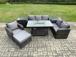 Rackhams Garden Patio Furniture Wicker Rattan Gas Fire Pit Table and Sofa Chair set with 2 Side Tables Big Footstool - thumbnail 1