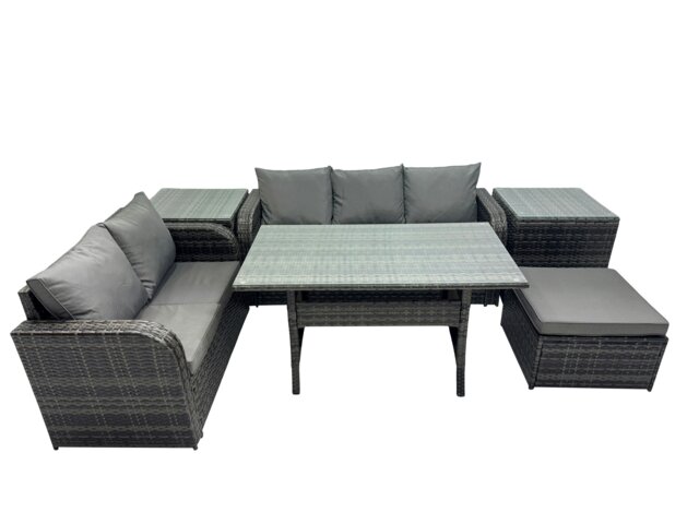 Rackhams 6 Seat Outdoor Wicker PE Rattan Garden Furniture Set Dining Table Sofa Sets with Big Stool 2 Side Tables Dark Grey Mixed - image 1
