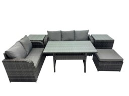Rackhams 6 Seat Outdoor Wicker PE Rattan Garden Furniture Set Dining Table Sofa Sets with Big Stool 2 Side Tables Dark Grey Mixed - thumbnail 1