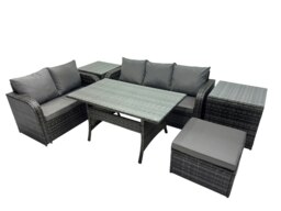 Rackhams 6 Seat Outdoor Wicker PE Rattan Garden Furniture Set Dining Table Sofa Sets with Big Stool 2 Side Tables Dark Grey Mixed - thumbnail 2