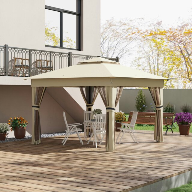 Rackhams 3x3(m) Pop Up Gazebo w/ Solar-Powered LED Lights Netting Grey - Khaki - Steel, Oxford Cloth - 336L x 336W x 270Hcm - image 1